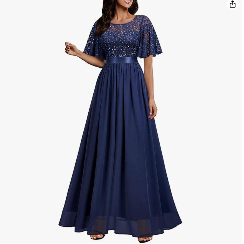 Miusol Elegant Sequin Butterfly Sleeve Formal Evening Maxi Dress (Navy, XL)